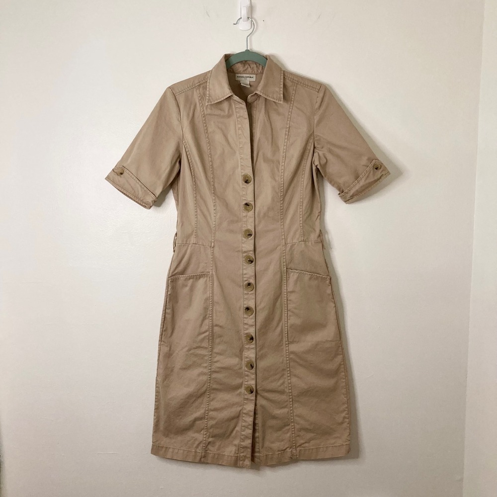 Vtg Banana Republic Khaki Cotton Twill Button Front Safari Chic Shirt Dress 4